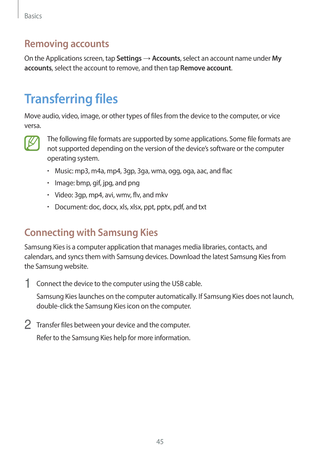 Samsung GT-19505 user manual Transferring files, Removing accounts, Connecting with Samsung Kies 