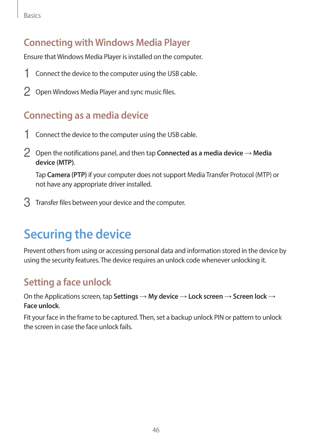 Samsung GT-19505 Securing the device, Connecting with Windows Media Player, Connecting as a media device, Device MTP 