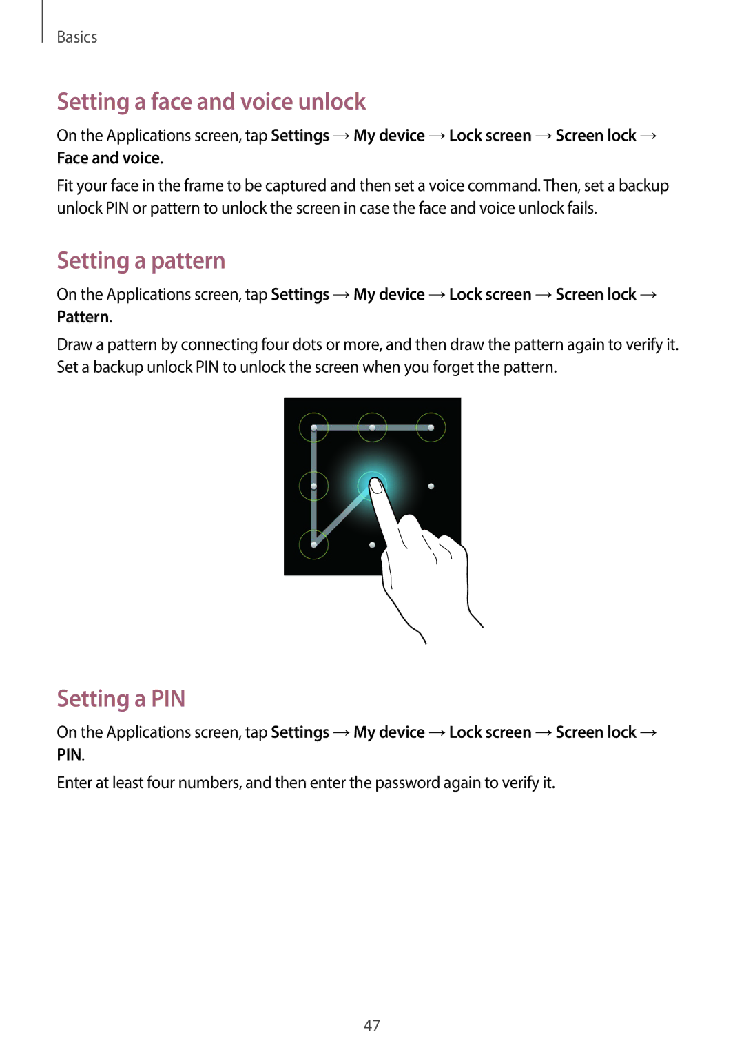 Samsung GT-19505 user manual Setting a face and voice unlock, Setting a pattern, Setting a PIN 