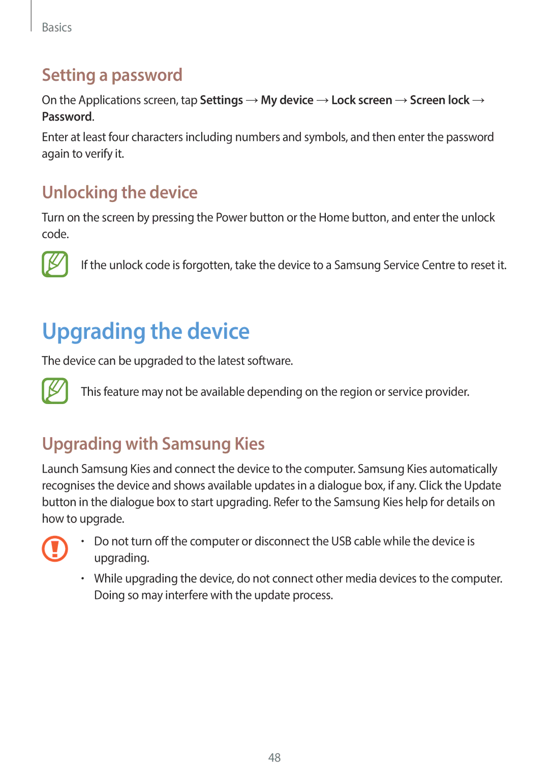 Samsung GT-19505 user manual Upgrading the device, Setting a password, Unlocking the device, Upgrading with Samsung Kies 