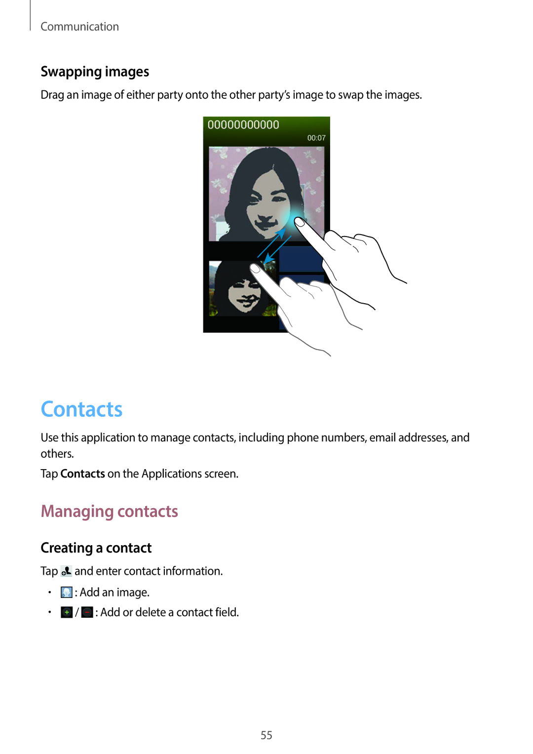 Samsung GT-19505 user manual Contacts, Managing contacts, Swapping images, Creating a contact 