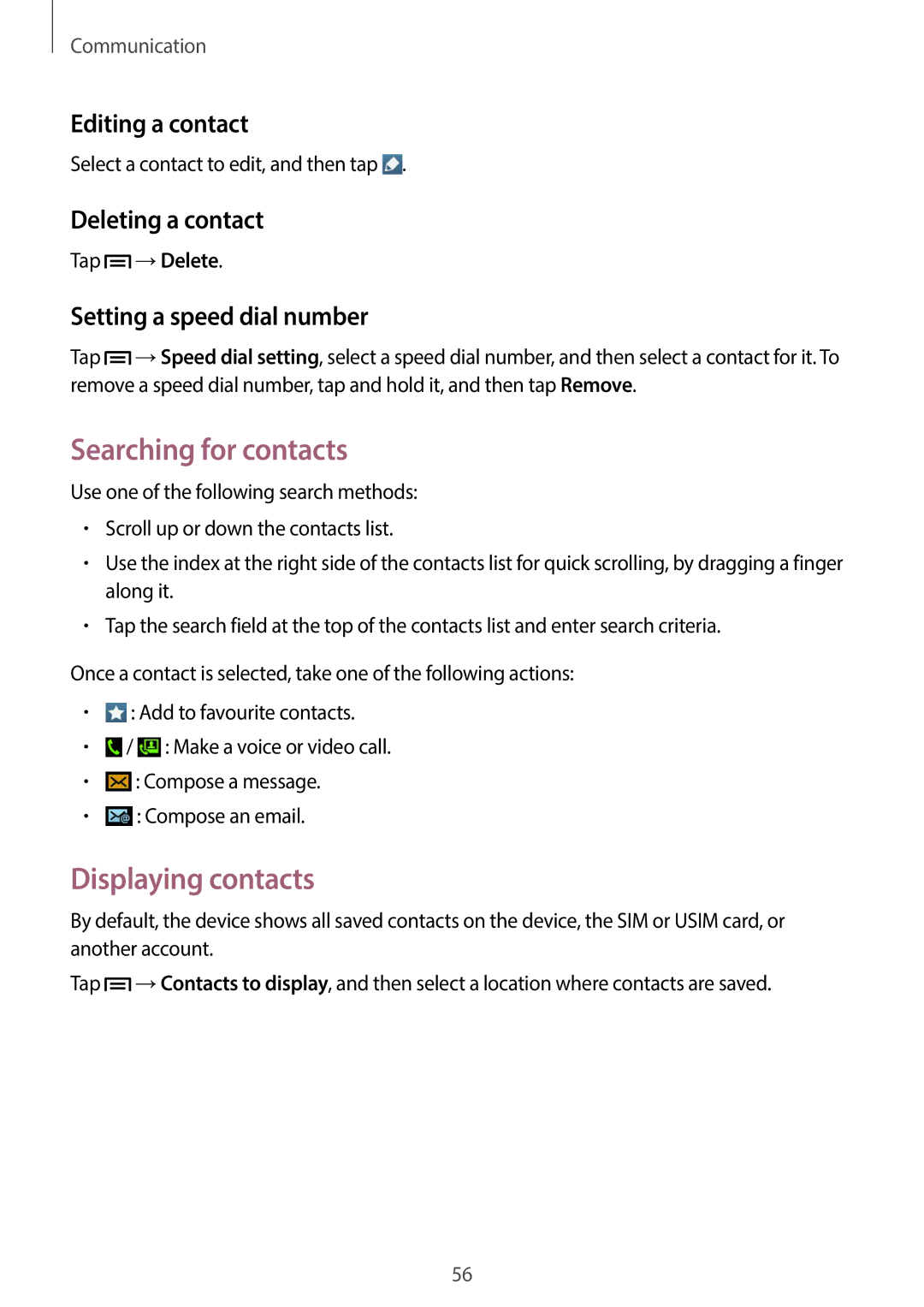 Samsung GT-19505 user manual Searching for contacts, Displaying contacts, Editing a contact, Deleting a contact 