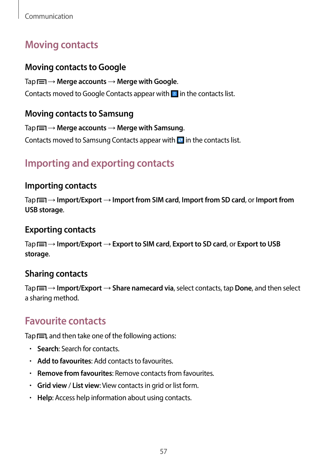 Samsung GT-19505 user manual Moving contacts, Importing and exporting contacts, Favourite contacts 