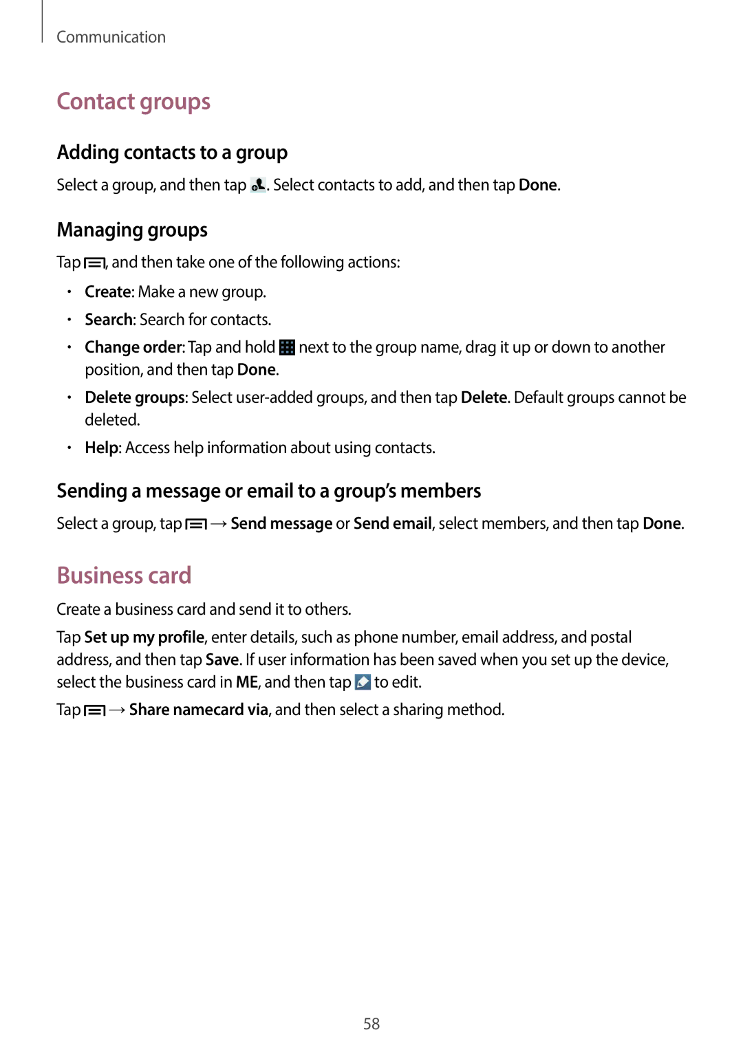 Samsung GT-19505 user manual Contact groups, Business card, Adding contacts to a group, Managing groups 