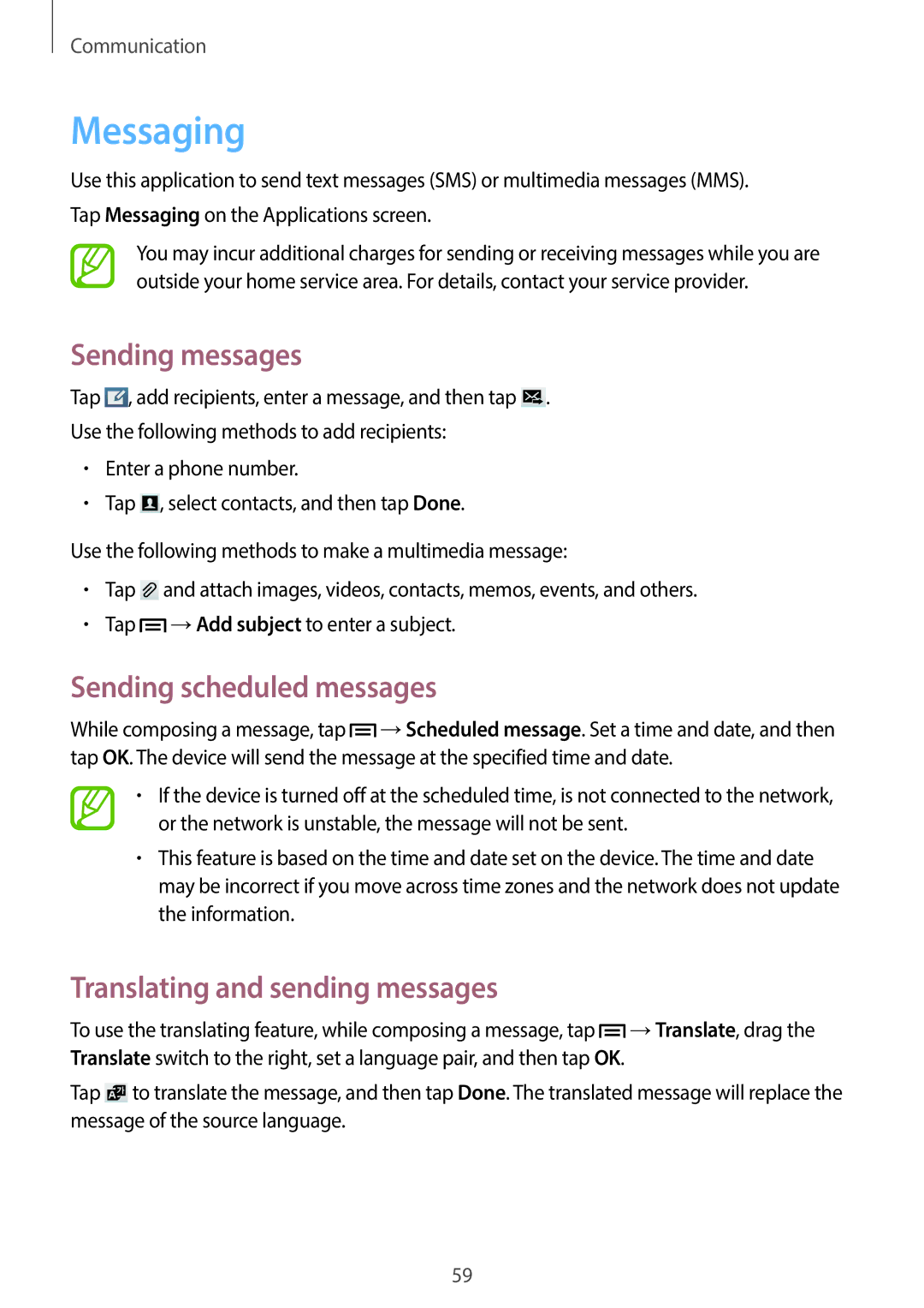 Samsung GT-19505 user manual Messaging, Sending messages, Sending scheduled messages, Translating and sending messages 