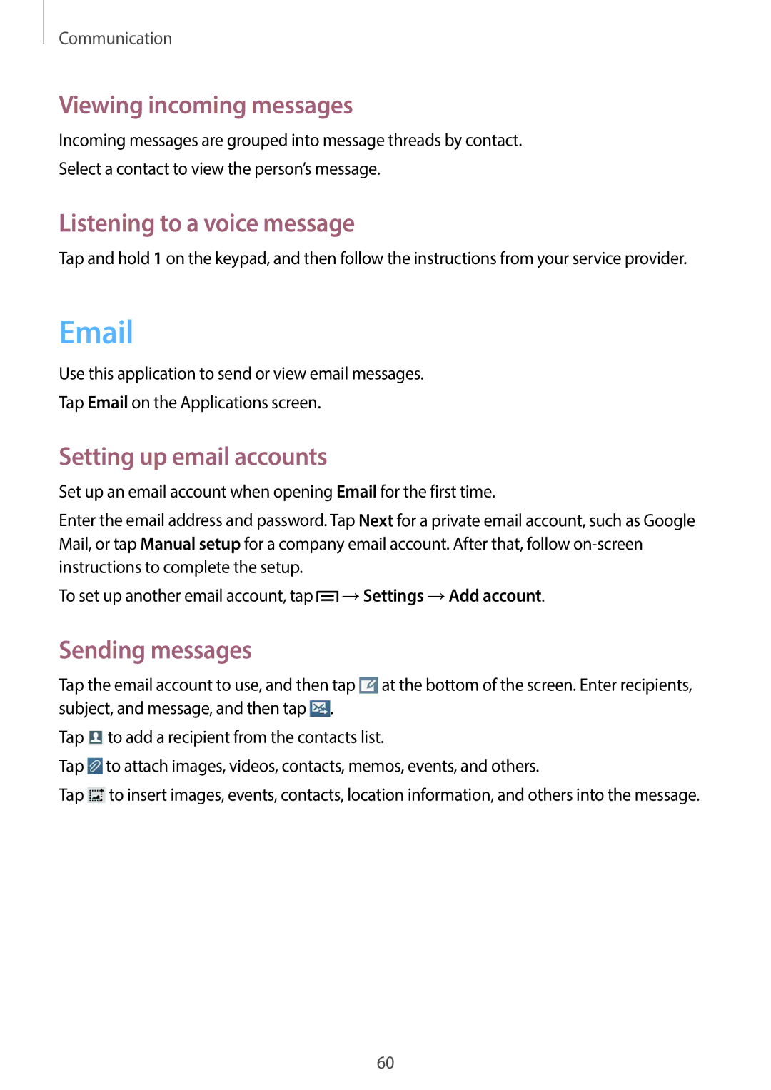 Samsung GT-19505 user manual Viewing incoming messages, Listening to a voice message, Setting up email accounts 