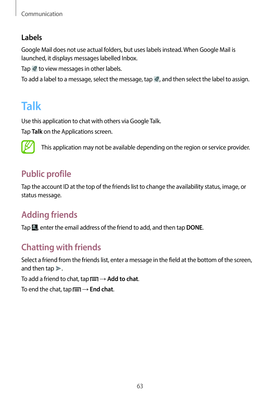 Samsung GT-19505 user manual Talk, Public profile, Adding friends, Chatting with friends, Labels 