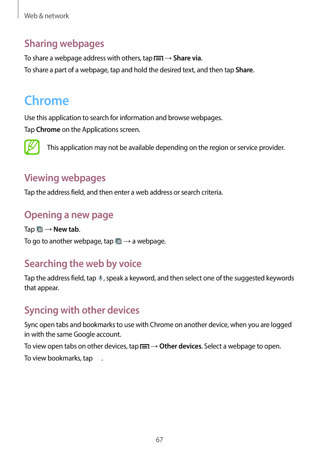 Samsung GT-19505 user manual Chrome, Sharing webpages, Searching the web by voice, Syncing with other devices, Tap →New tab 