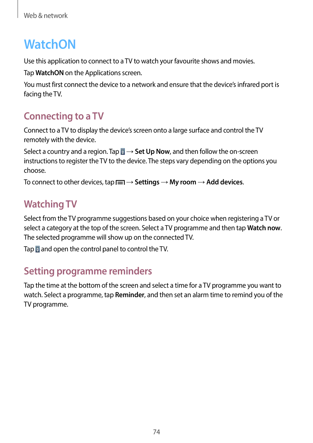 Samsung GT-19505 user manual WatchON, Connecting to a TV, Watching TV, Setting programme reminders 