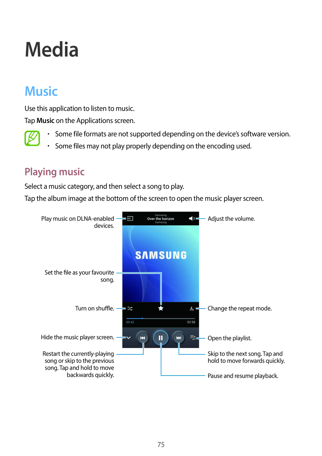 Samsung GT-19505 user manual Media, Music, Playing music 