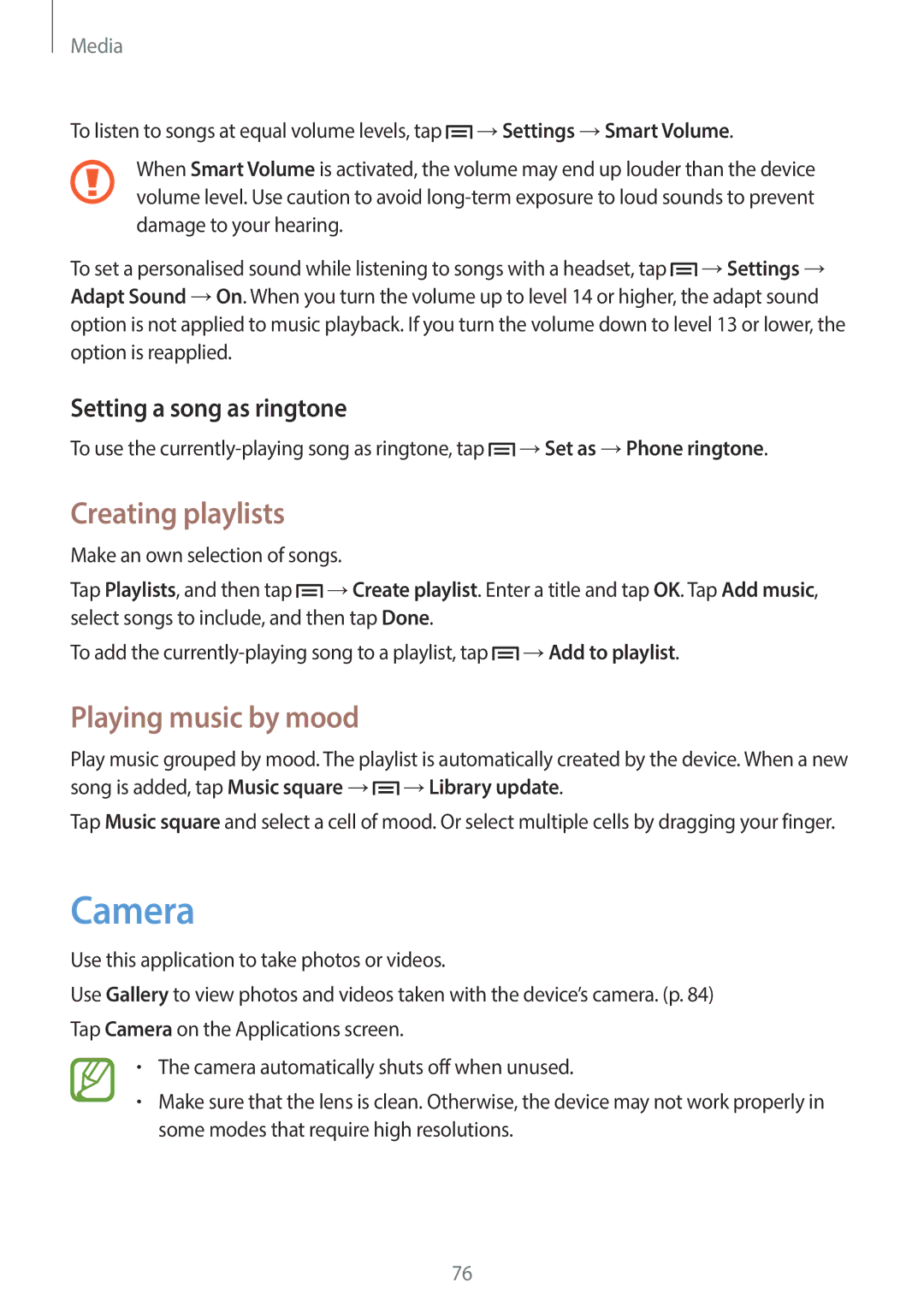 Samsung GT-19505 user manual Camera, Creating playlists, Playing music by mood, Setting a song as ringtone 