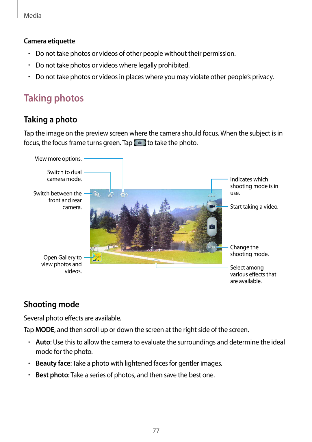 Samsung GT-19505 user manual Taking photos, Taking a photo, Shooting mode, Camera etiquette 