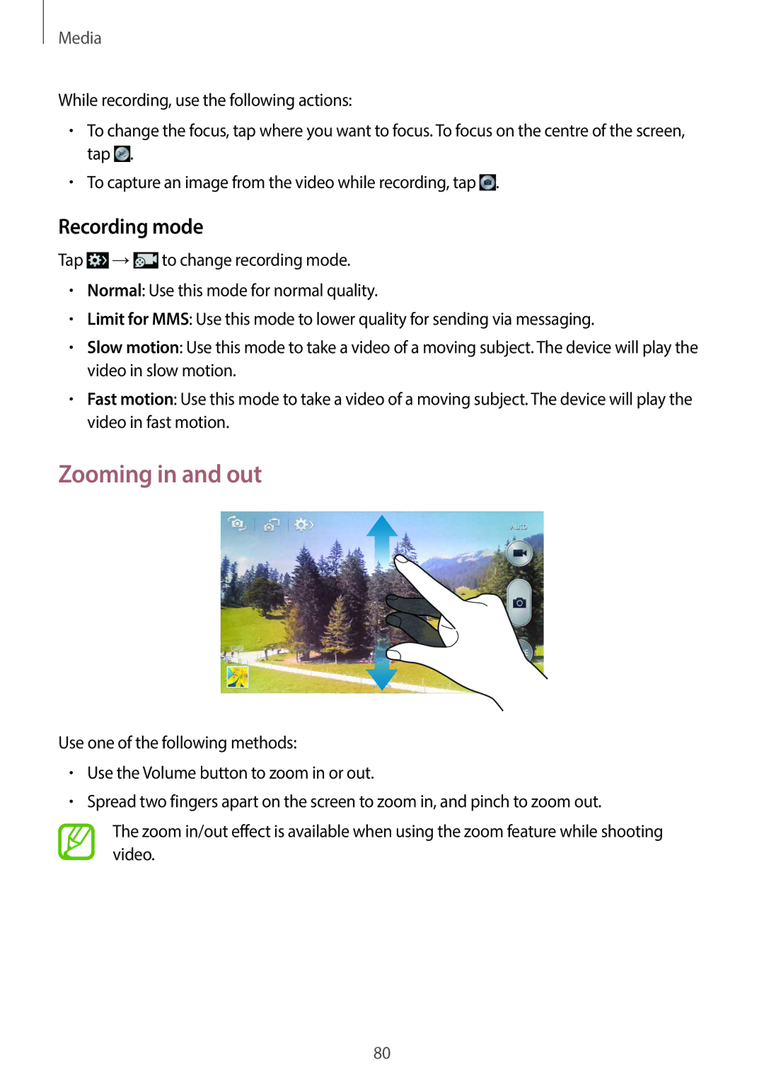 Samsung GT-19505 user manual Zooming in and out, Recording mode 