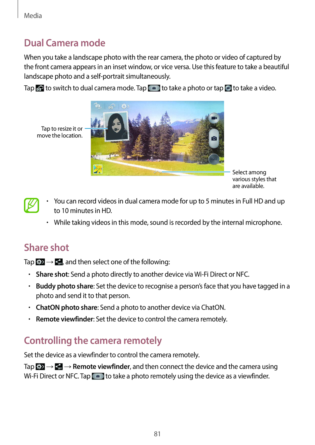 Samsung GT-19505 user manual Dual Camera mode, Share shot, Controlling the camera remotely 