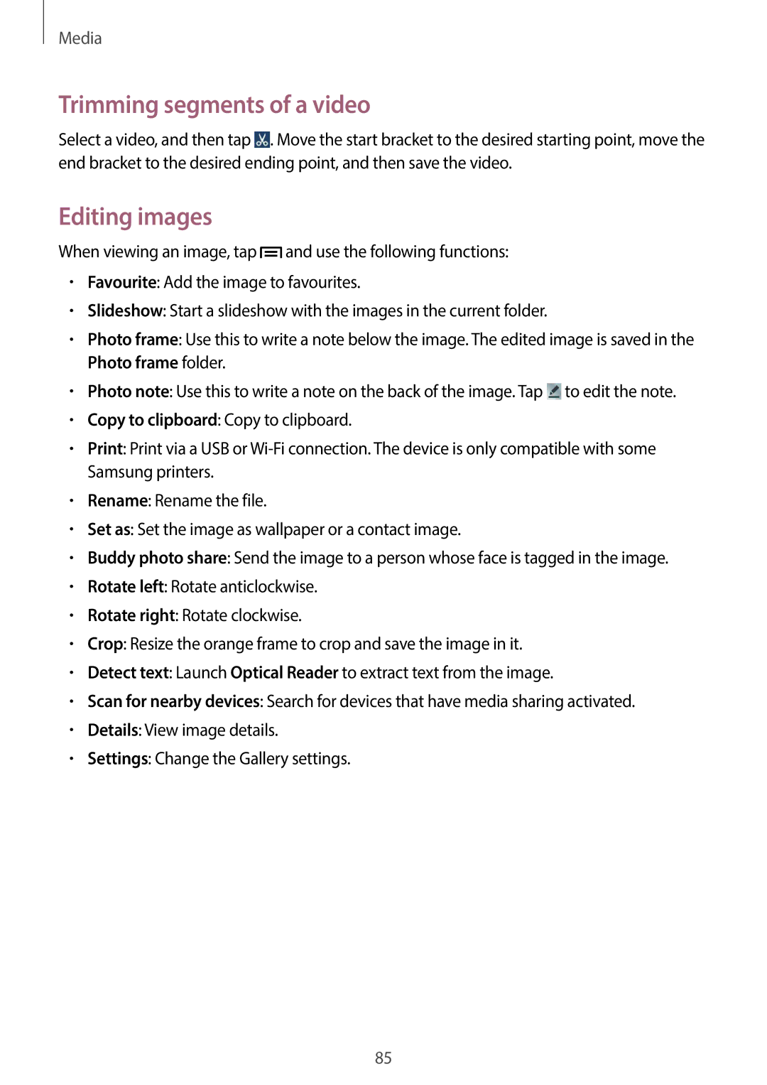 Samsung GT-19505 user manual Trimming segments of a video, Editing images 