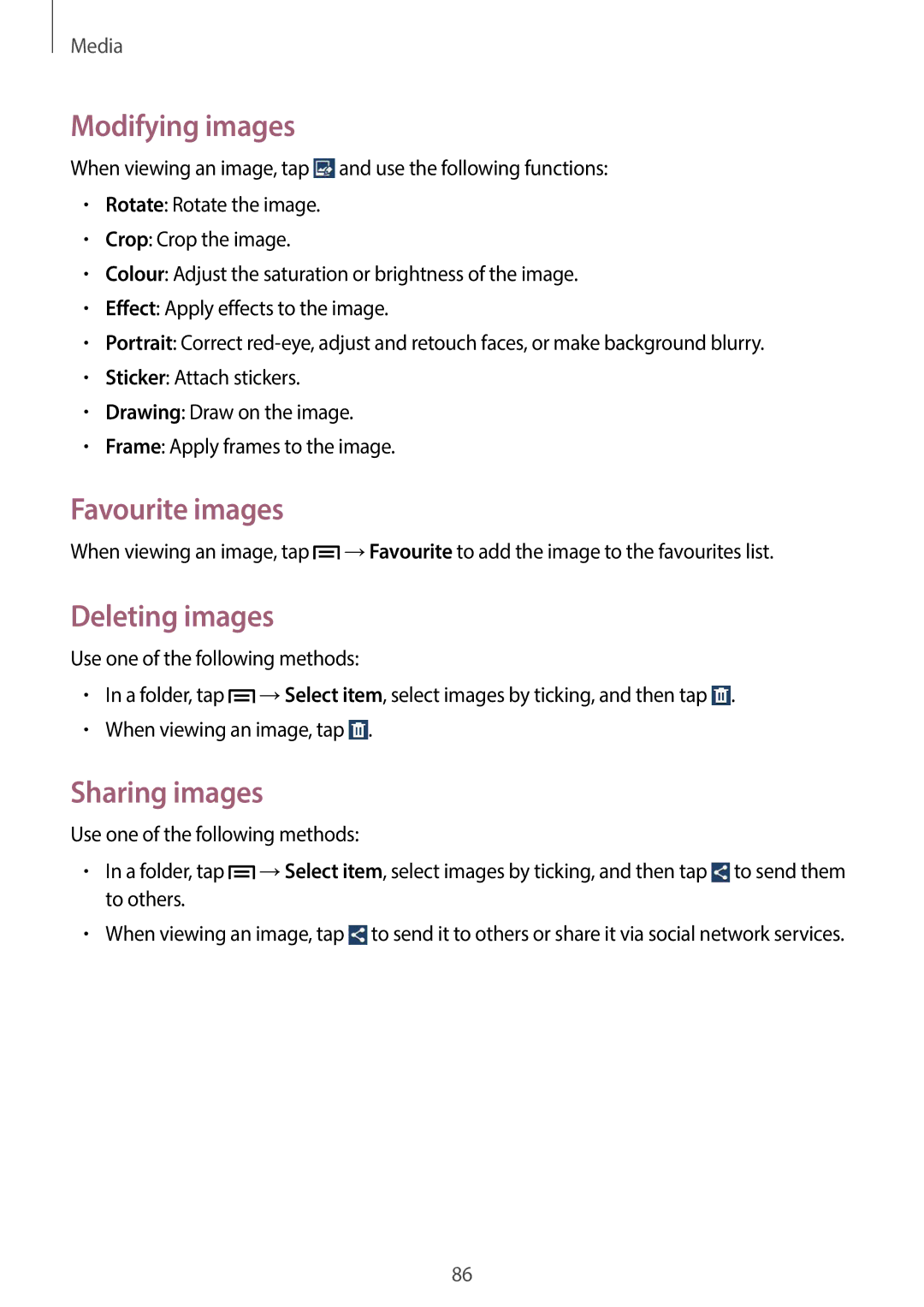 Samsung GT-19505 user manual Modifying images, Favourite images, Deleting images, Sharing images 