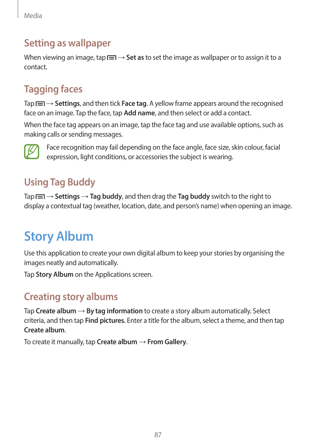 Samsung GT-19505 user manual Story Album, Setting as wallpaper, Tagging faces, Using Tag Buddy, Creating story albums 
