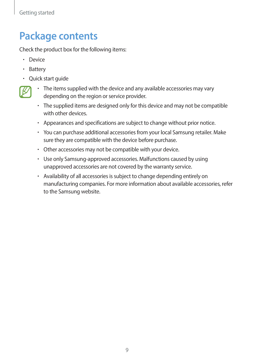 Samsung GT-19505 user manual Package contents 