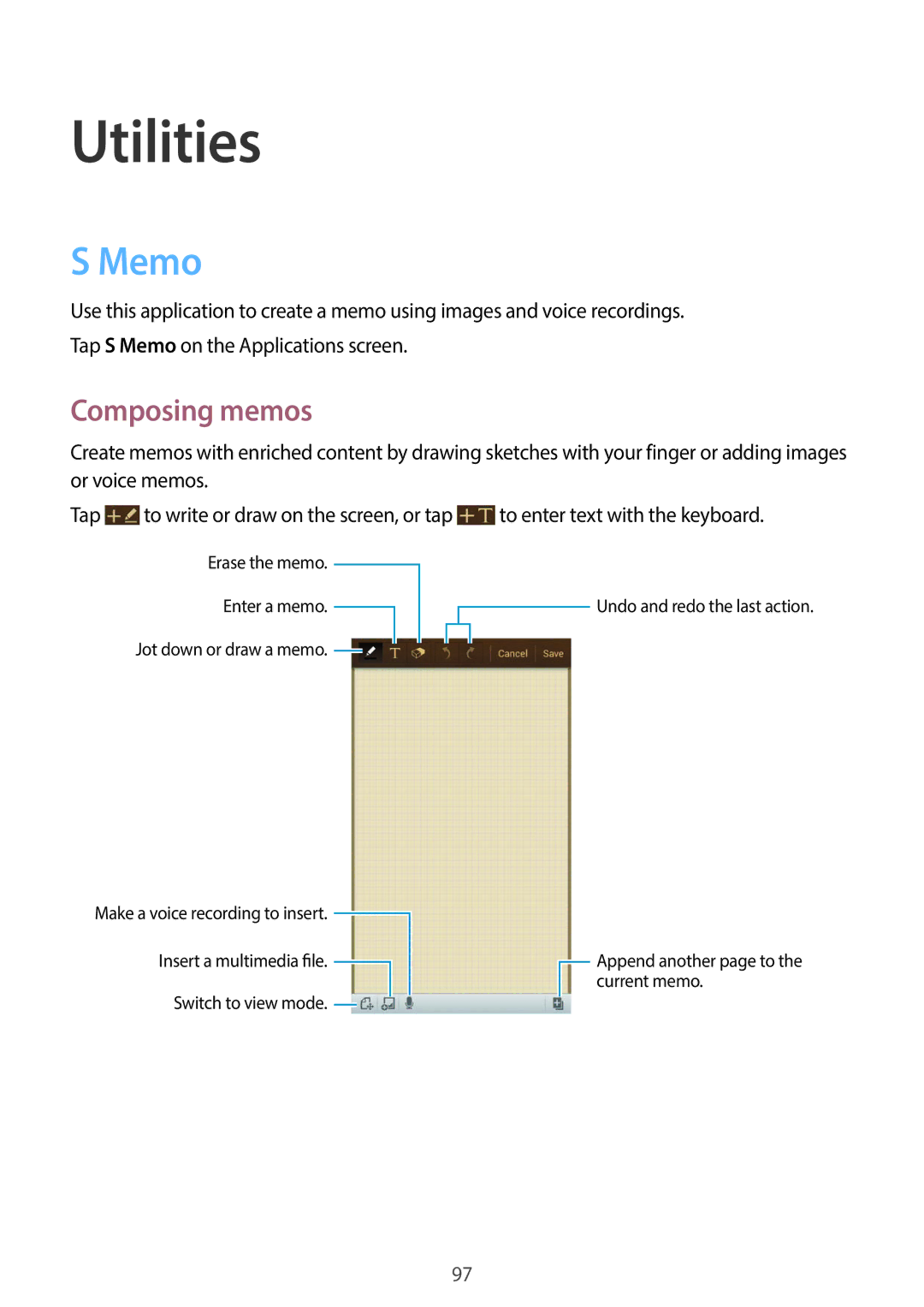 Samsung GT-19505 user manual Utilities, Memo, Composing memos 