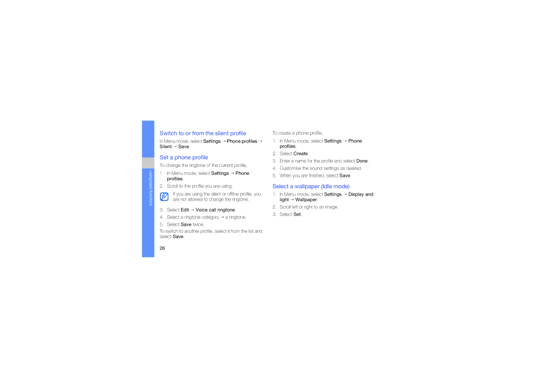 Samsung GT-B3410 user manual Switch to or from the silent profile, Set a phone profile, Select a wallpaper Idle mode 