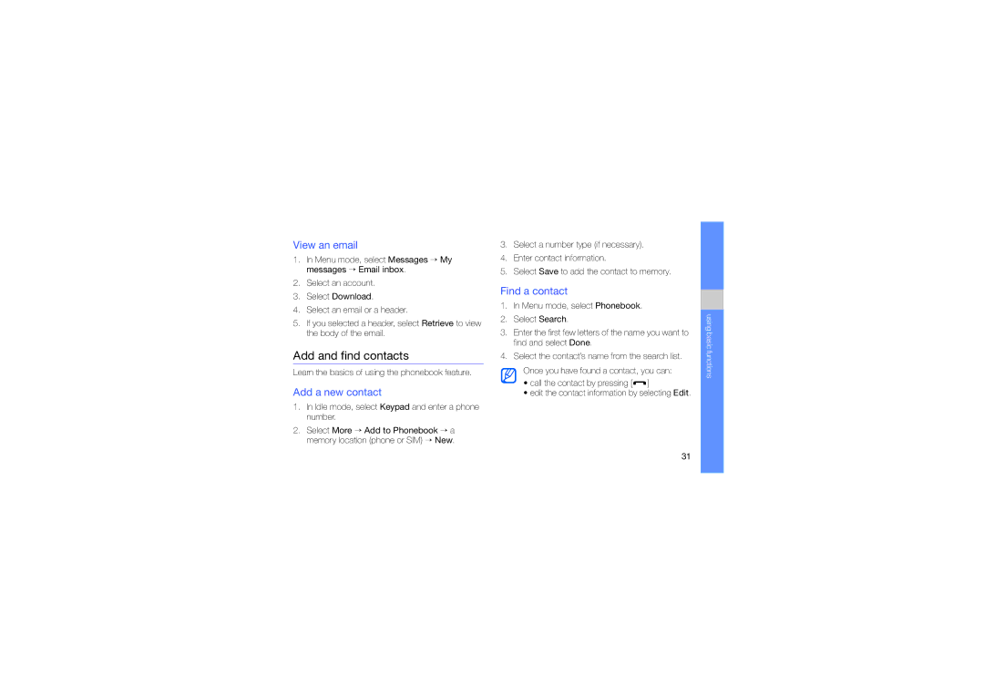 Samsung GT-B3410 user manual Add and find contacts, View an email, Add a new contact, Find a contact 