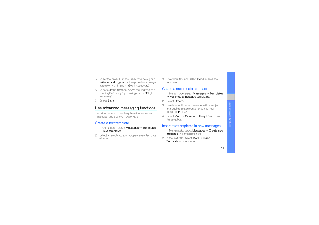 Samsung GT-B3410 user manual Use advanced messaging functions, Create a text template, Create a multimedia template 