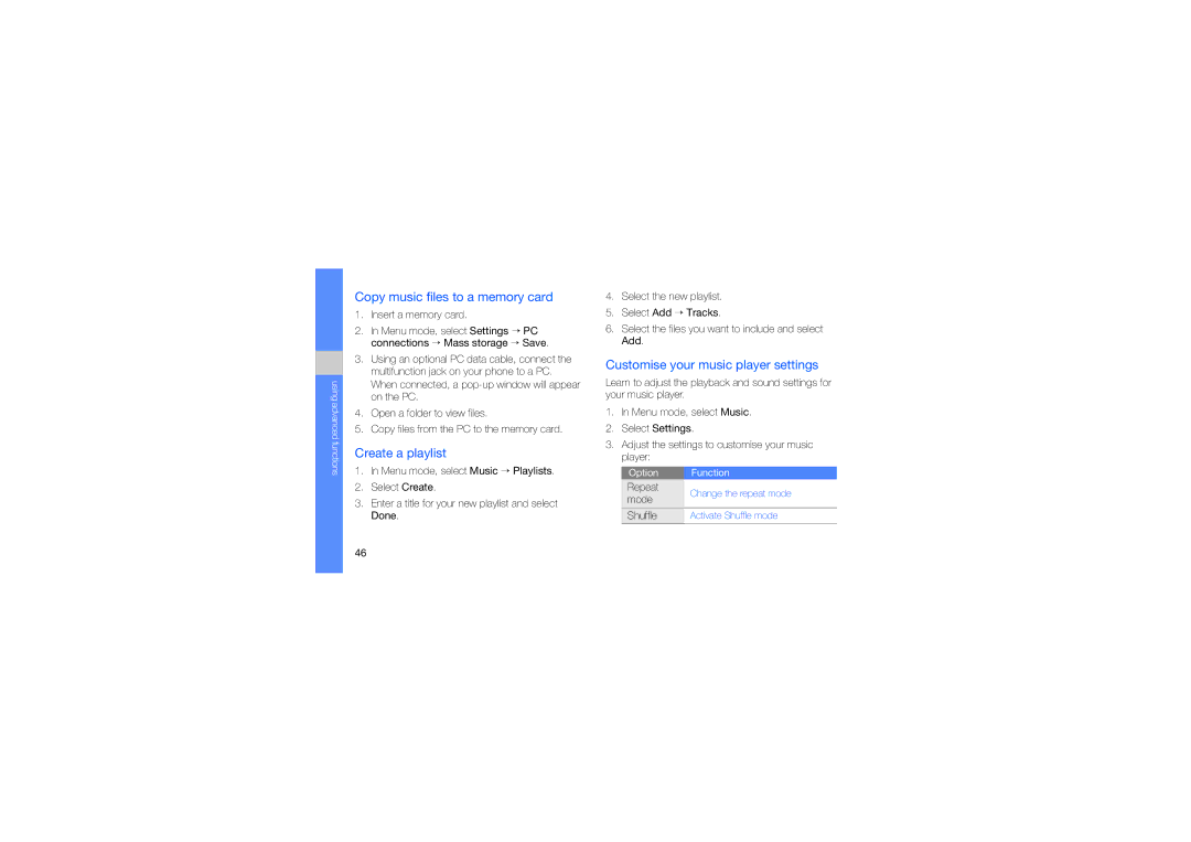Samsung GT-B3410 user manual Copy music files to a memory card, Create a playlist, Customise your music player settings 