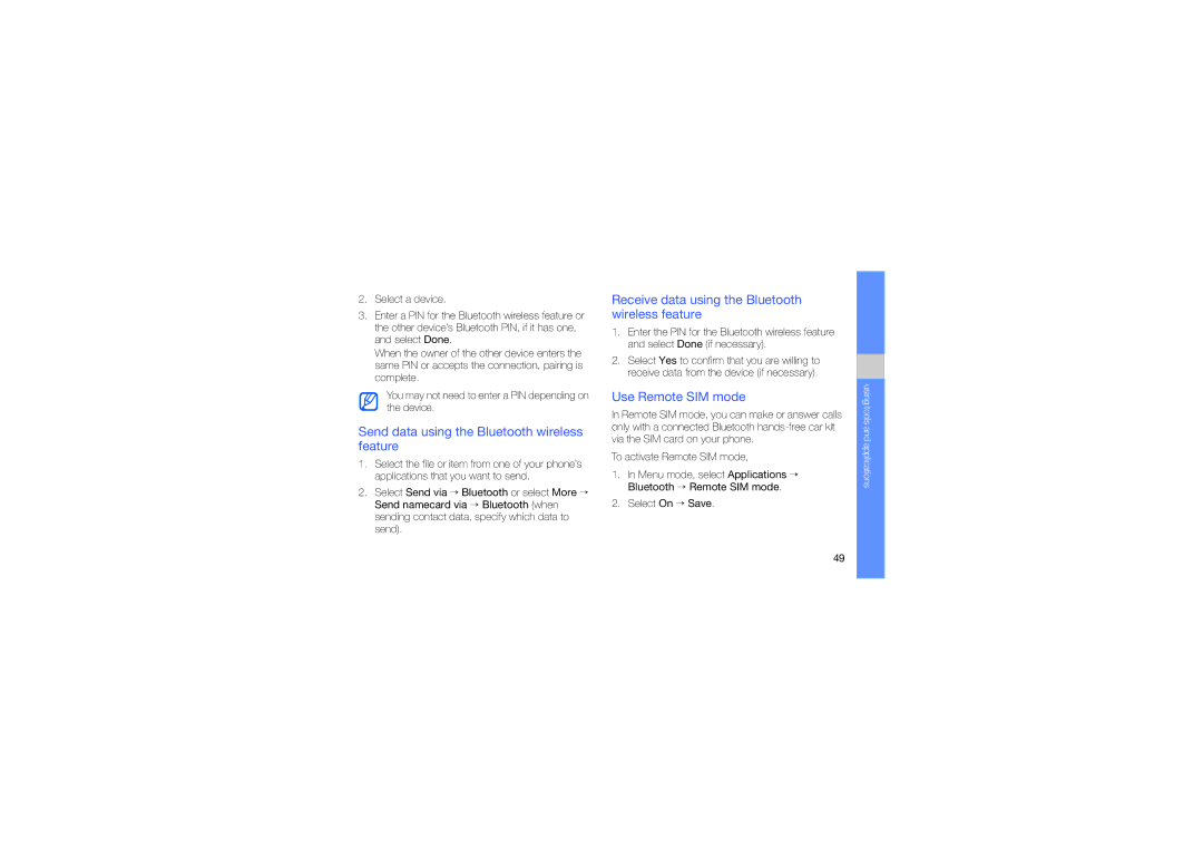 Samsung GT-B3410 Send data using the Bluetooth wireless feature, Receive data using the Bluetooth wireless feature 