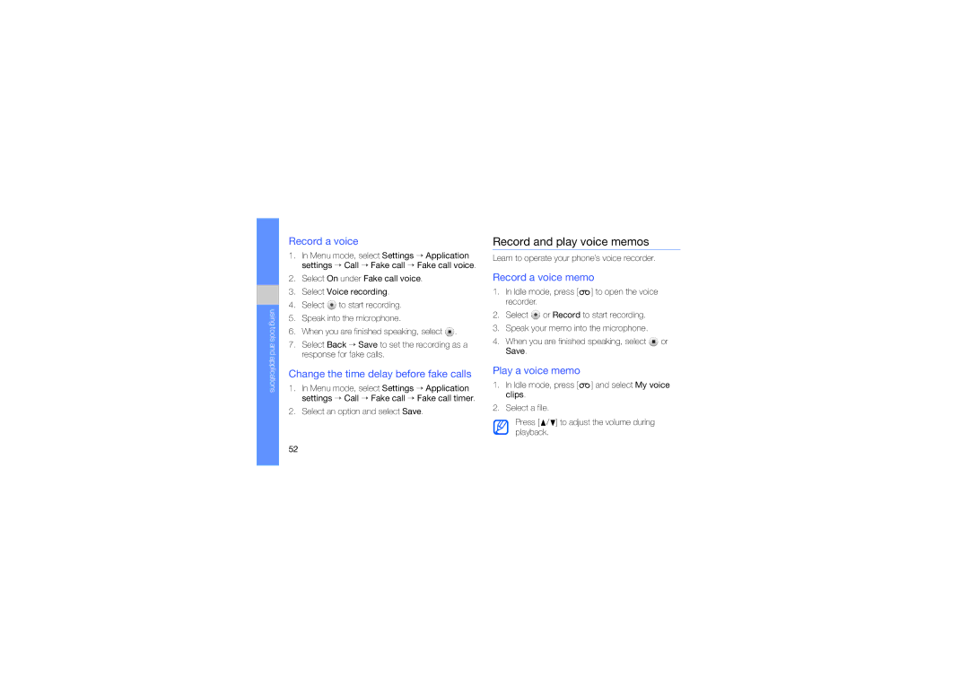 Samsung GT-B3410 user manual Record and play voice memos, Change the time delay before fake calls, Record a voice memo 