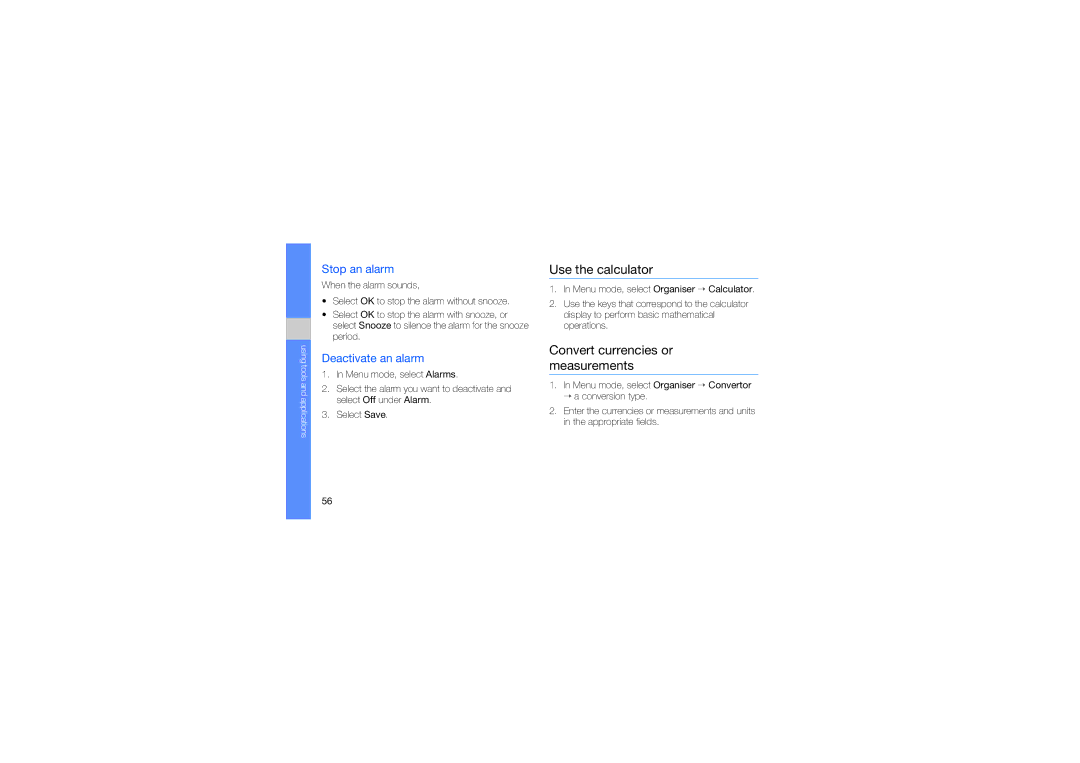 Samsung GT-B3410 user manual Use the calculator, Convert currencies or measurements, Stop an alarm, Deactivate an alarm 