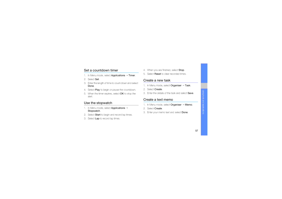 Samsung GT-B3410 user manual Set a countdown timer, Use the stopwatch, Create a new task, Create a text memo 