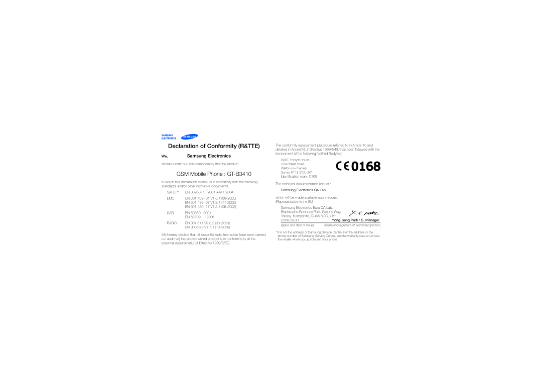 Samsung GT-B3410 user manual Declaration of Conformity R&TTE 