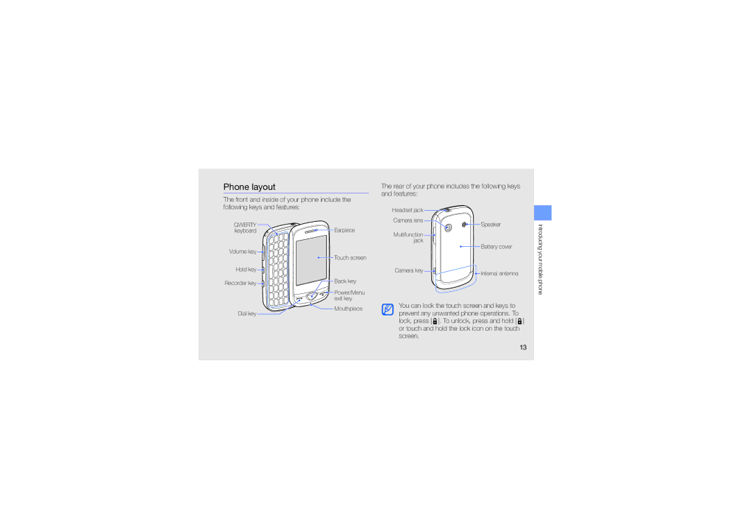 Samsung GT-B3410TIWXSG, GT-B3410TAWARB manual Phone layout, Rear of your phone includes the following keys and features 