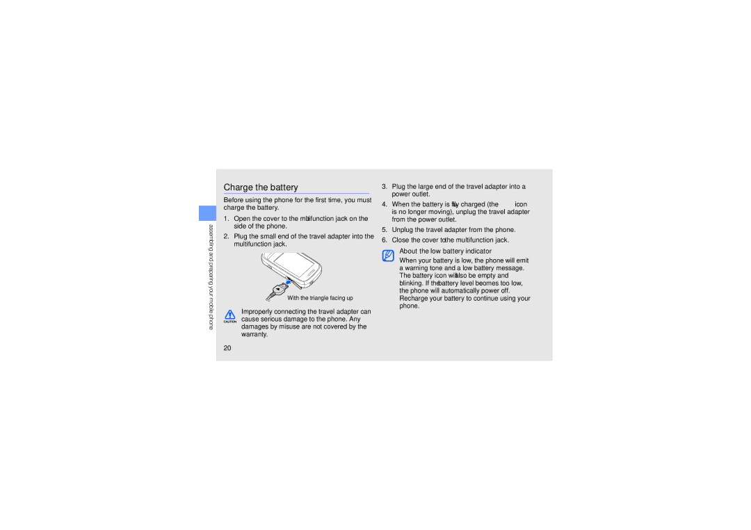 Samsung GT-B3410TIWAFR, GT-B3410TAWARB, GT-B3410TAWMID, GT-B3410TAWPAK, GT-B3410TIWABS, GT-B3410TIWKSA manual Charge the battery 