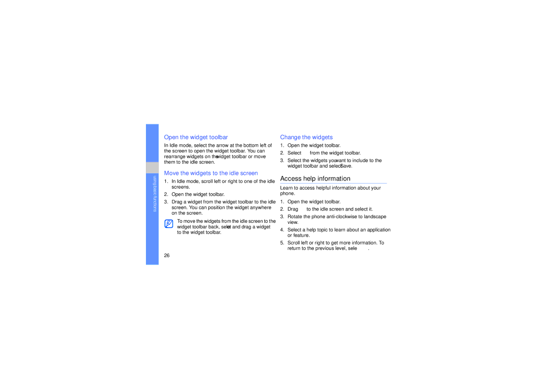 Samsung GT-B3410TIWARB manual Access help information, Open the widget toolbar, Move the widgets to the idle screen 