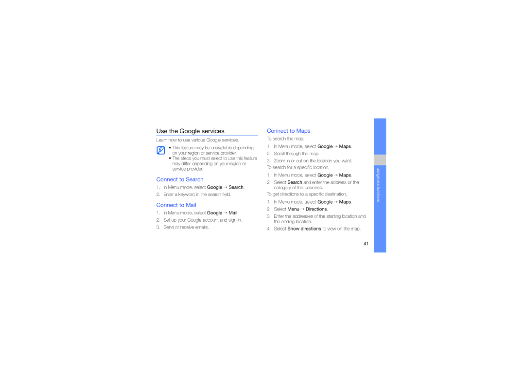 Samsung GT-B3410TIWABS, GT-B3410TAWARB manual Use the Google services, Connect to Search, Connect to Mail, Connect to Maps 