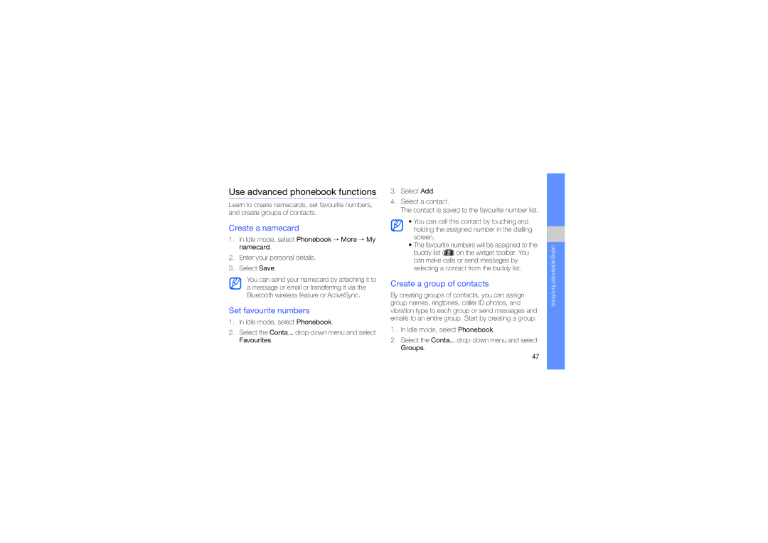 Samsung GT-B3410TAWXSG, GT-B3410TAWARB manual Use advanced phonebook functions, Create a namecard, Set favourite numbers 