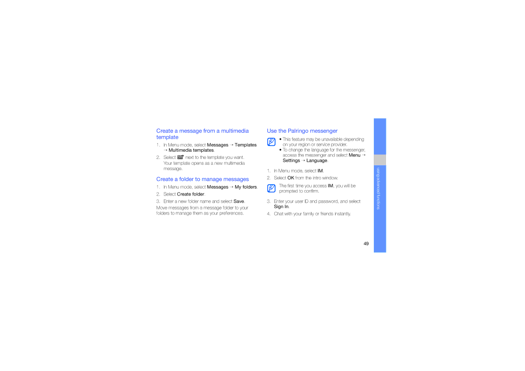 Samsung GT-B3410TIWMMC, GT-B3410TAWARB Create a message from a multimedia template, Create a folder to manage messages 