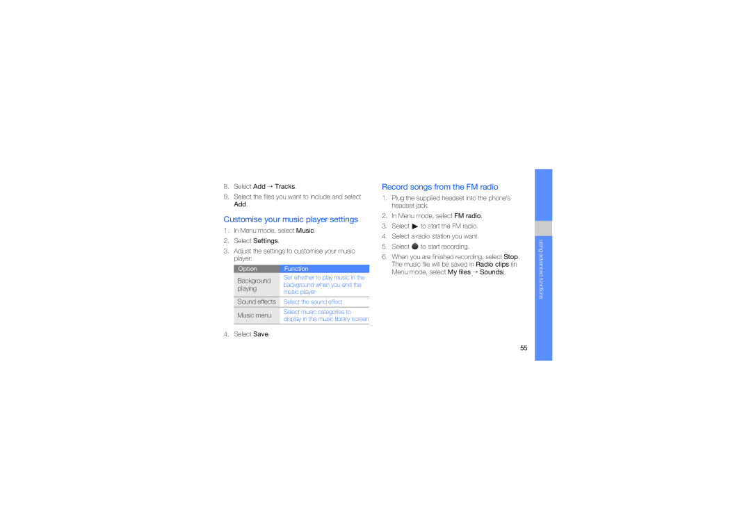 Samsung GT-B3410TAWTHR, GT-B3410TAWARB, GT-B3410TAWMID Customise your music player settings, Record songs from the FM radio 