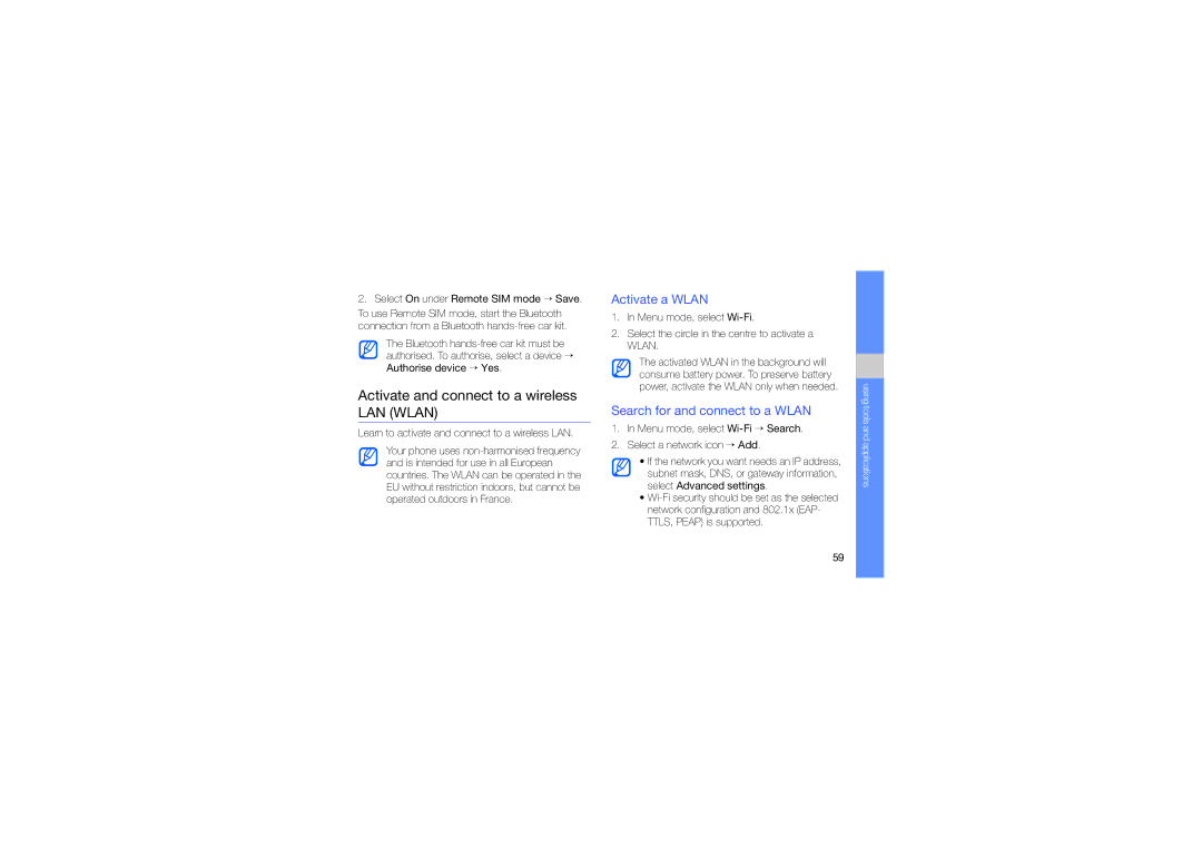 Samsung GT-B3410TAWABS Activate and connect to a wireless LAN Wlan, Activate a Wlan, Search for and connect to a Wlan 