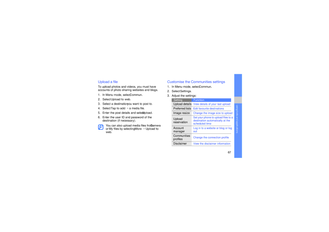 Samsung GT-B3410TAWKSA, GT-B3410TAWARB, GT-B3410TAWMID, GT-B3410TAWPAK Upload a file, Customise the Communities settings 