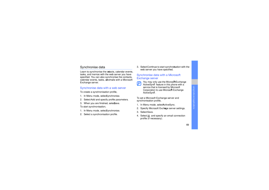 Samsung GT-B3410TAWXSG manual Synchronise data with a web server, Synchronise data with a Microsoft Exchange server 