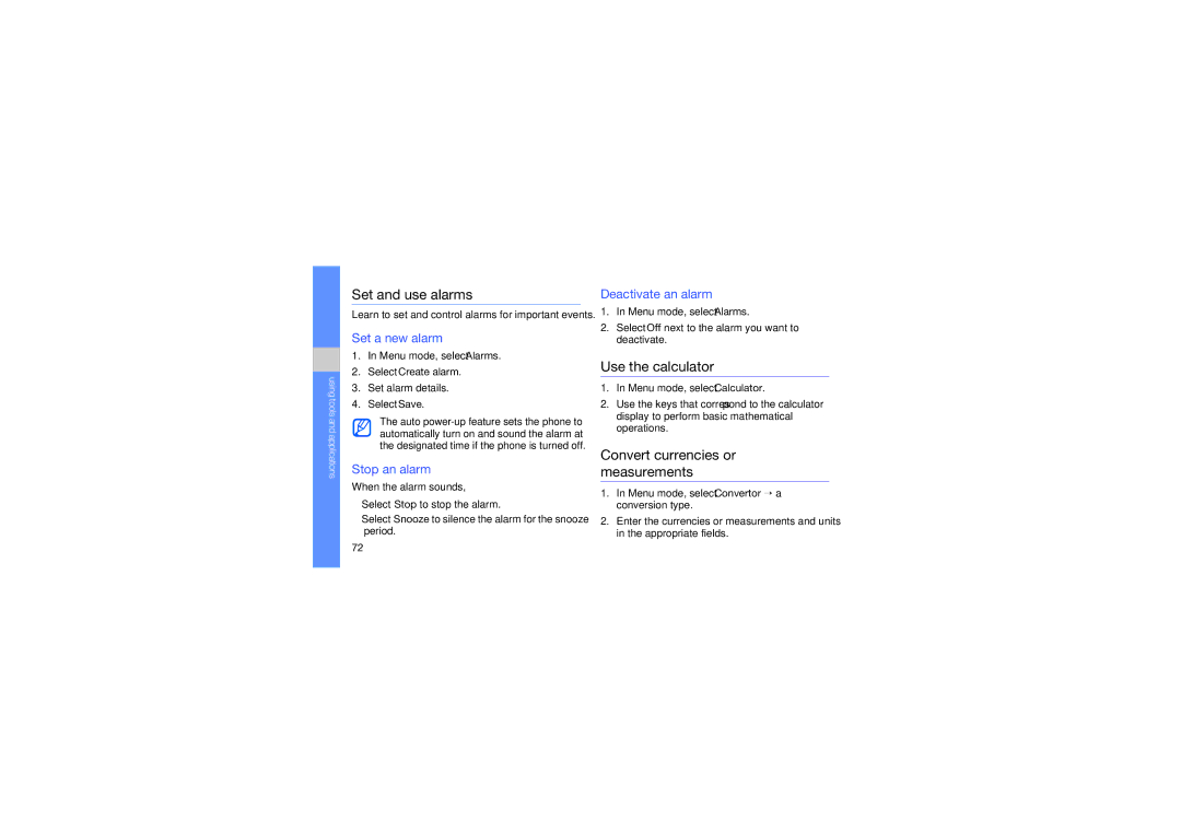Samsung GT-B3410TAWAFR, GT-B3410TAWARB manual Set and use alarms, Use the calculator, Convert currencies or measurements 