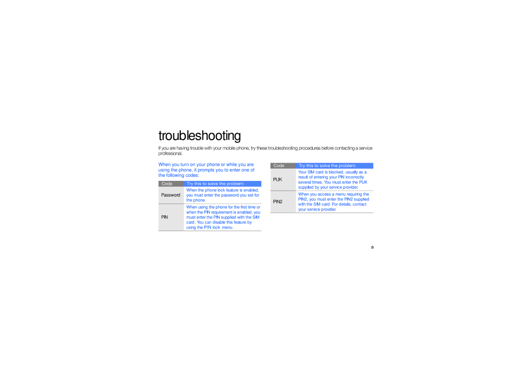 Samsung GT-B3410TIWTHR, GT-B3410TAWARB, GT-B3410TAWMID, GT-B3410TAWPAK, GT-B3410TIWABS, GT-B3410TIWAFR manual Troubleshooting 