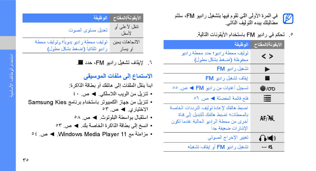 Samsung GT-B3410TIWTUN manual ىقيسوملا تافلم ىلإ عامتسلاا, ددح ،Fm ويدار ليغشت فاقيلإ, 58 .ص .ثوتولبلا ةطساوب لابقتسا 