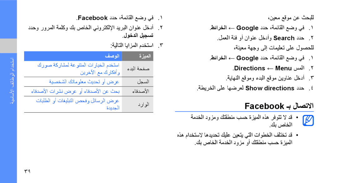 Samsung GT-B3410TAWPAK, GT-B3410TAWARB, GT-B3410TAWMID manual Facebook ـب لاصتلاا, Directions ← Menu سملا, فصولا ةزيملا 