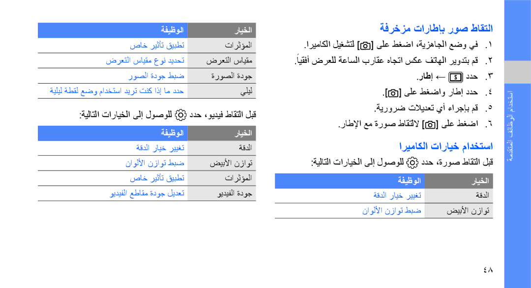 Samsung GT-B3410TIWMMC, GT-B3410TAWARB ةفرخزم تاراطإب روص طاقتلا, اريماكلا تارايخ مادختسا, ةيلاتلا تارايخلا ىلإ لوصولل 