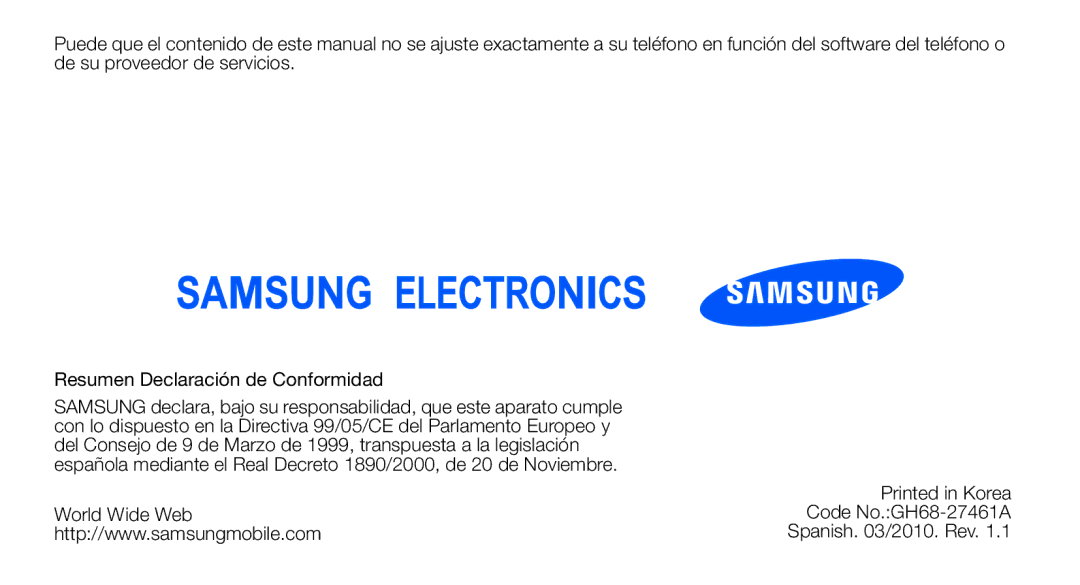 Samsung GT-B3410TIWFOP, GT-B3410TAWTEE, GT-B3410TIWTEE manual World Wide Web Code No.GH68-27461A Spanish /2010. Rev 