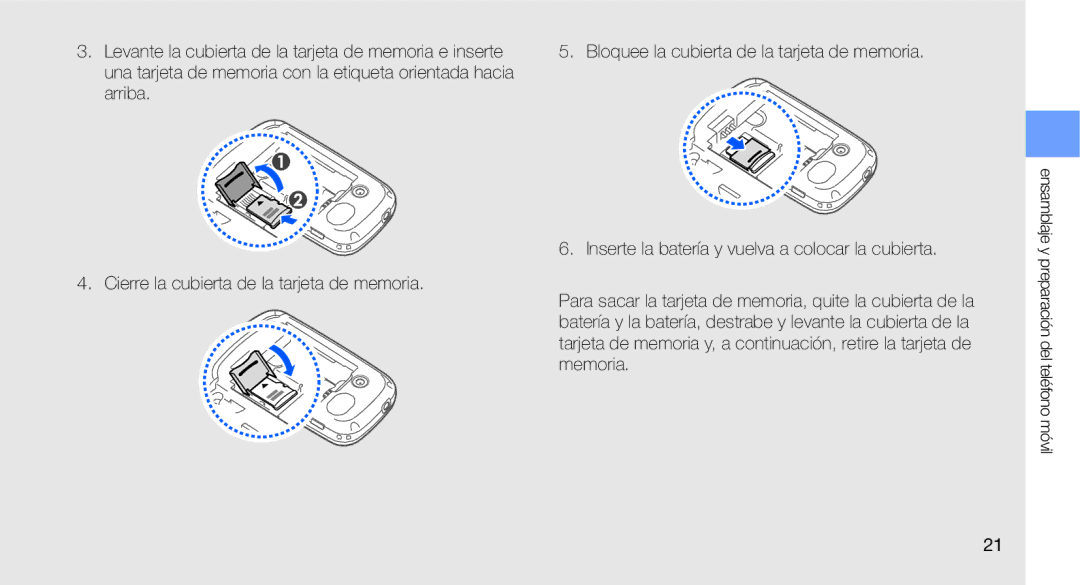 Samsung GT-B3410TAWTEE, GT-B3410TIWFOP, GT-B3410TIWTEE, GT-B3410TAWFOP manual Ensamblaje y preparación del teléfono móvil 