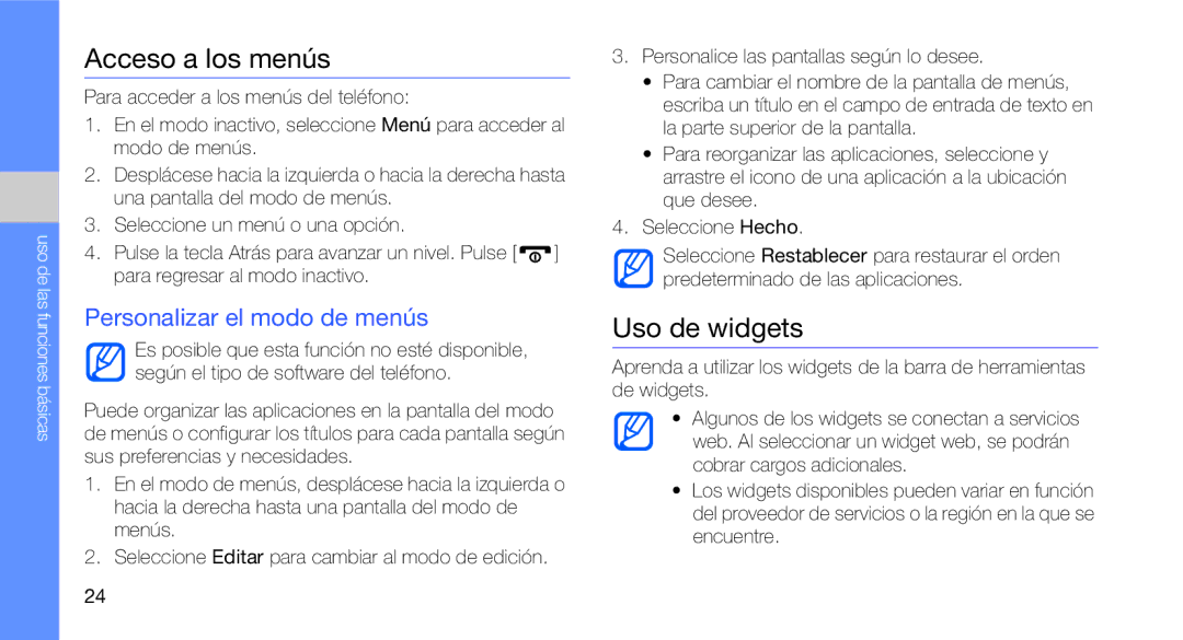 Samsung GT-B3410TAWFOP, GT-B3410TAWTEE, GT-B3410TIWFOP Acceso a los menús, Uso de widgets, Personalizar el modo de menús 